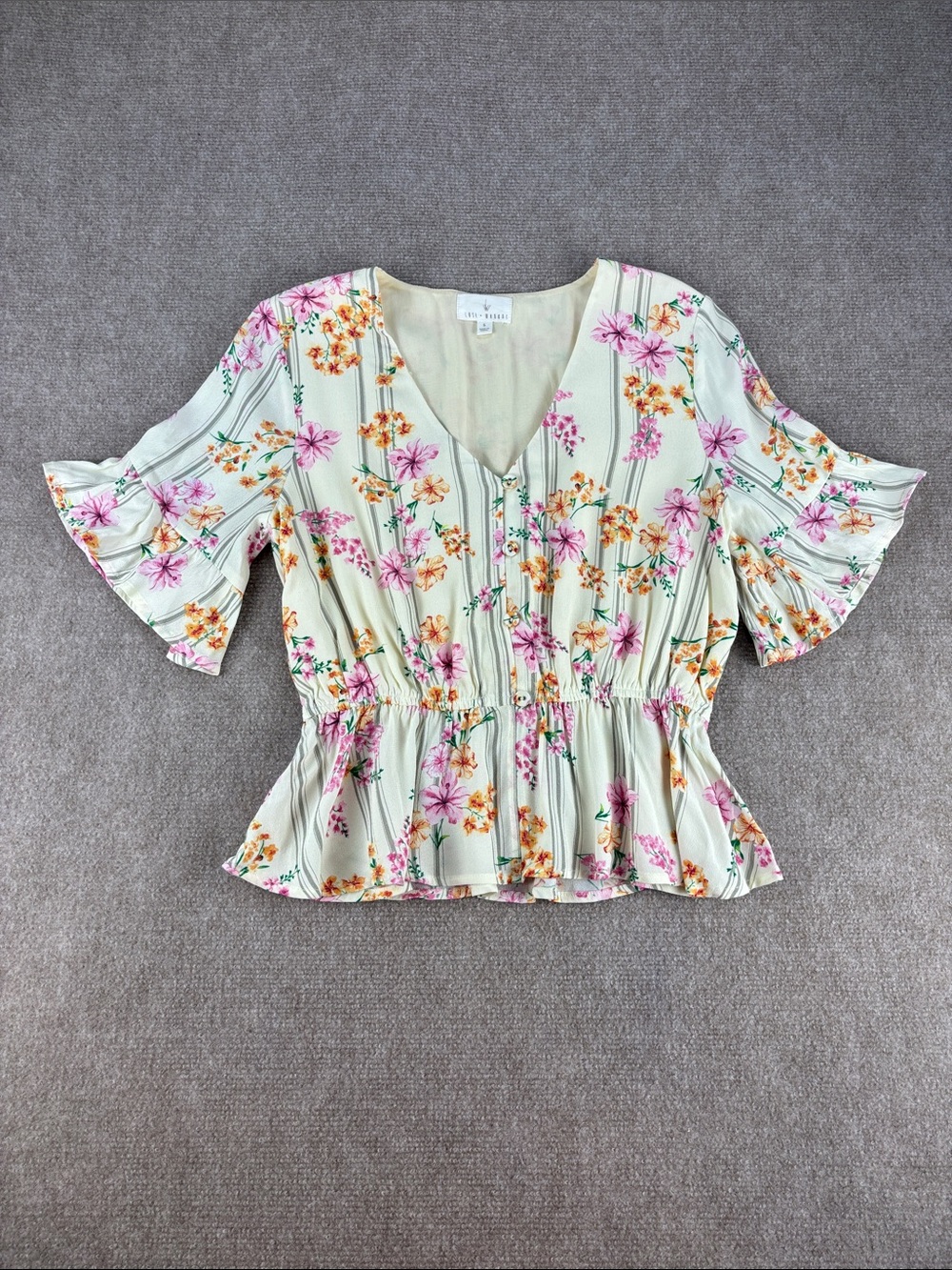 Lost + Wander Cream Floral V-Neck Flutter Sleeve Peplum Top Blouse‎ Size S NWOT